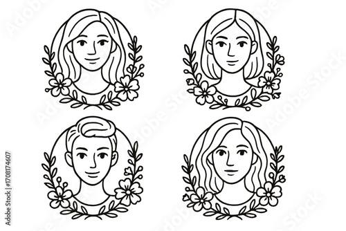 Set of woman portraits line art floral frame vector, cartoon female faces with floral wreaths, hand-drawn style, transparent background, elegant and decorative women avatars
