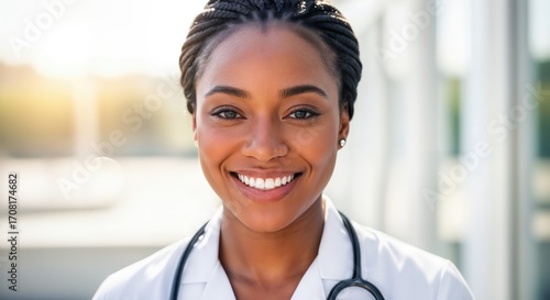 Portrait of a smiling African American female doctor with stethoscope looking at camera standing in front of hospital building