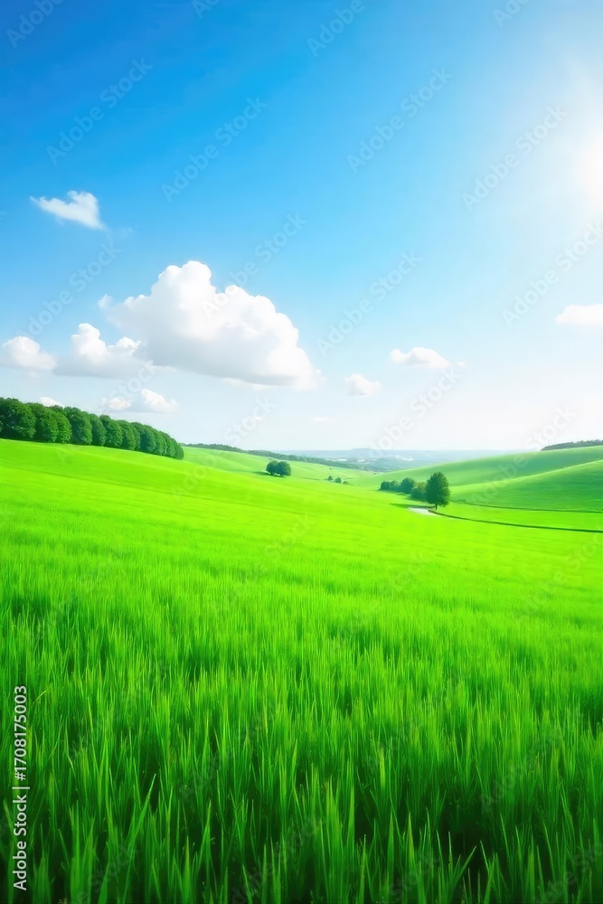 Obraz premium Serene Green Field Stretching to the Horizon Under a Clear Blue Sky Idyllic Pastoral Landscape Perfect for Nature, Environmental, and Agricultural Themes
