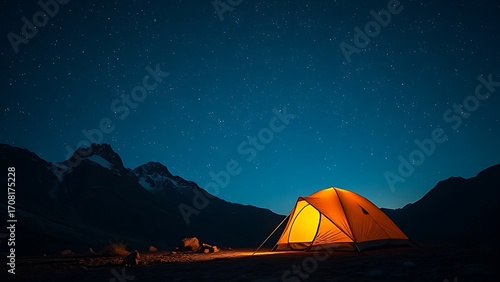 Tent under starry sky at mountain base camp, warm lantern glow inside, celestial effect.