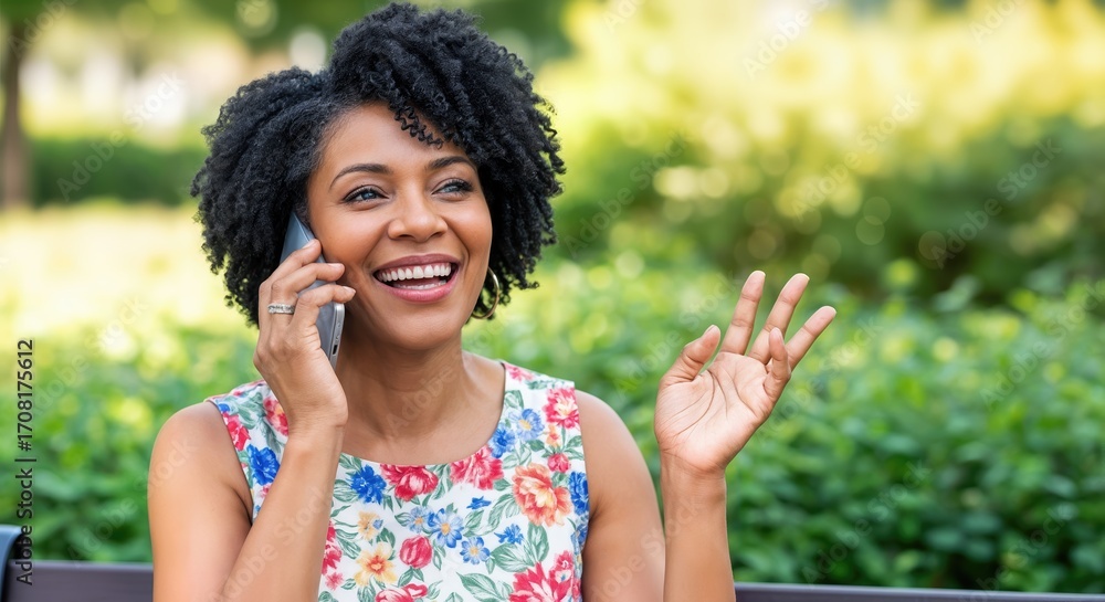 Fototapeta premium Happy African American Woman Talking on Phone Outdoors