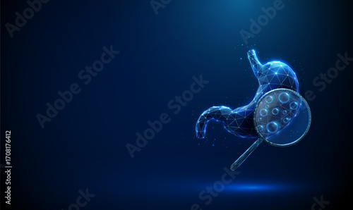 3d blue human stomach with magnifying glass and gas bubbles inside. Gastric bloating, fermentation analysis, digestive health diagnostics concept.