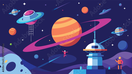 Futuristic space station orbiting distant galaxy sci-fi cosmic illustration vector eps