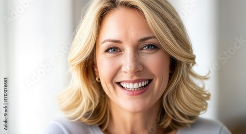Portrait of a beautiful smiling mature woman with blond hair and blue eyes