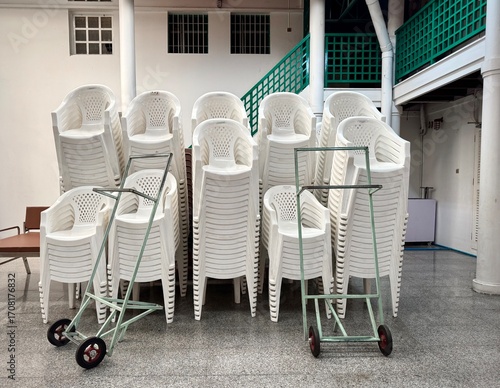 Stack of white plastic chairs and two hand trolleys ready to use for reception. 