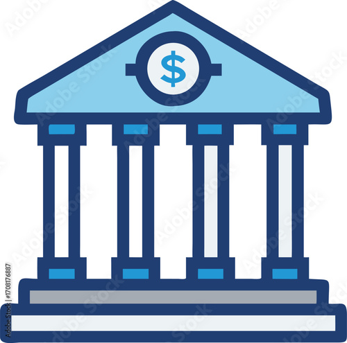 Illustration of a blue bank building with a dollar sign on top