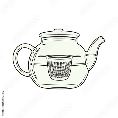 Elegant line art illustration of a transparent glass teapot with a built-in infuser, perfect for brewing hot beverages and loose leaf tea