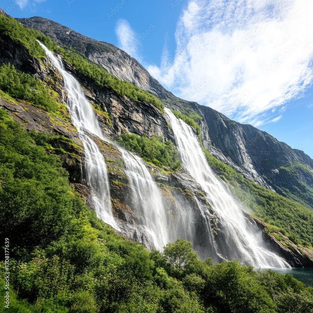 Obraz premium An impressive waterfall plunges dramatically into a tranquil lake, symbolizing nature's raw power and beauty