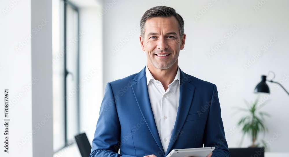 Fototapeta premium Confident Businessman in Blue Suit Holding Tablet in Modern Office Setting
