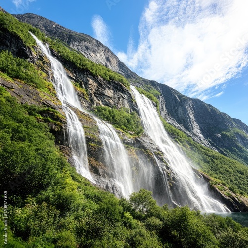 An impressive waterfall plunges dramatically into a tranquil lake, symbolizing nature's raw power and beauty