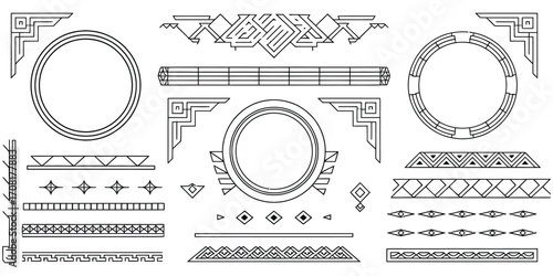 A sophisticated collection of geometric linear borders and circular frames in a classic Art Deco style. Vintage decorative elements for creative design