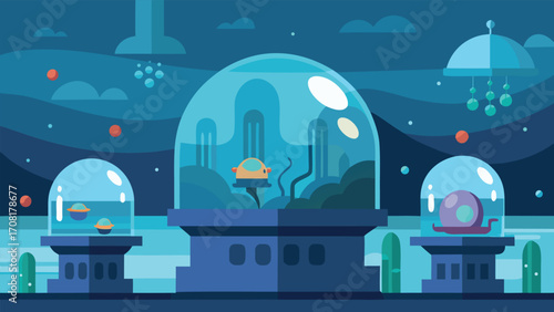Futuristic underwater research lab with scientists exploring ocean depths vector illustration