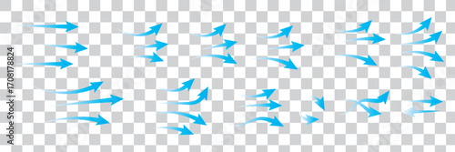 Air flow arrows set. Set of blue arrow showing wind air flow. Blue air flow arrows showing wind circulation and ventilation. Set of blue arrows showing direction of air movement.