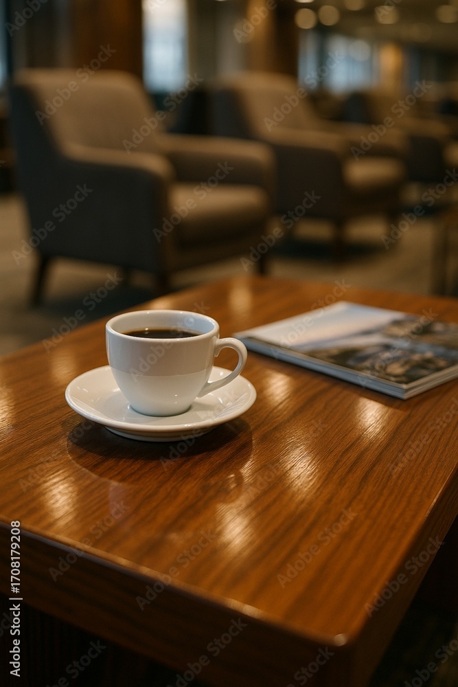 Fototapeta premium Coffee Cup on Wooden Table in Cozy Airport Lounge