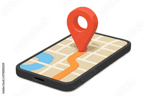 Smartphone map with red pin for GPS navigation. Mobile app for location tracking, finding a destination, and following a route. Vector concept for travel and direction search.