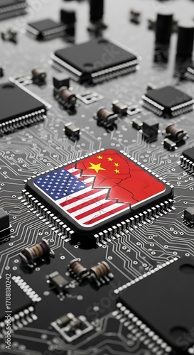 A fractured microchip depicts the strained relationship between the United States and China, highlighting the globalized technology tension.