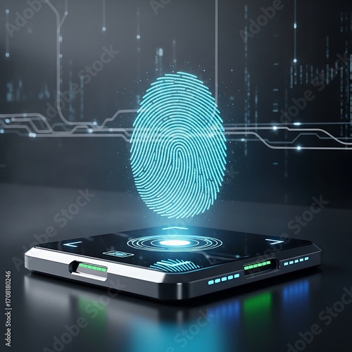 A futuristic, technological image showcases a glowing, light-blue fingerprint projected onto a dark, modern device.