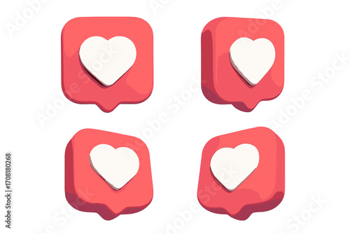 3D social media like heart icon set. Notification symbol for app interface. Rendered in different angles. Vector cartoon illustration of a love button collection for UI/UX design.