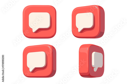 3D social media comment icon set. Message notification symbol collection from different angles. Chat bubble app logo for web ui and ux design. Communication dialogue button.
