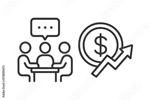 Business meeting and financial growth icons. Teamwork discussion for profit increase. Investment strategy and revenue success concept. Corporate negotiation for sales growth.