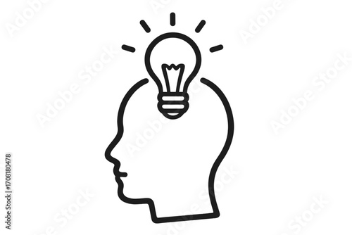Head with light bulb logo. Thinking, new idea, creativity, and innovation concept. Symbol of inspiration, solution, and intelligence. Brainstorming, knowledge, and mind icon.