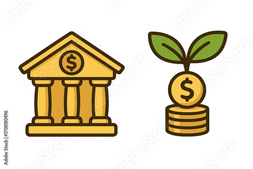 Bank icon and money growth investment symbol set. Financial institution building and growing plant on dollar coins stack. Finance, savings, profit, and economy concept vector.
