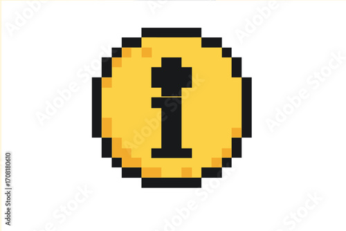 Information icon in pixel art style. Retro 8-bit video game graphic element. Info symbol for help, guide, support, and details. Isolated vector for UI design, quest or menu button.