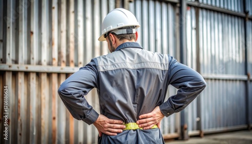A construction worker in a hard hat holds his lower back, possibly indicating pain or injury at a worksite.