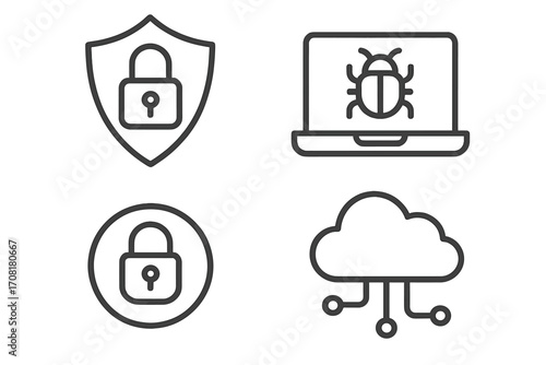 Cyber security outline vector icon set. Linear symbols for data privacy, network protection, antivirus, and malware detection. Shield, padlock, computer bug, cloud computing.