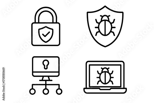 Cyber security icon set. Antivirus protection, network defense, and data encryption concept. Vector symbols of lock, shield, bug, virus, malware, and computer access.