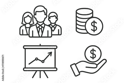 Business and finance line icon set. Teamwork, investment, profit growth presentation chart. Money management concept. Corporate success, salary pictogram. Vector icons.