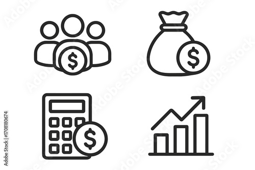 Business and finance line icon set. Money, investment, profit, growth symbols. Vector collection for budget, accounting, savings, team salary and wealth concepts.