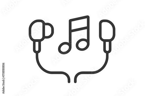 Music listening icon with in-ear headphones. Audio, song, podcast, and melody concept. Sound entertainment symbol. Simple line art vector illustration for mobile app or web.