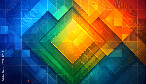 Vibrant colorful geometric shapes form a dynamic abstract composition.