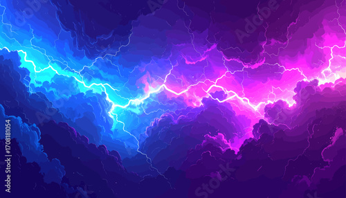 Vibrant lightning illuminates dark stormy clouds with soft pastel bokeh lights