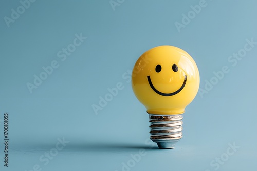 Yellow light bulb with smiley face on blue background, symbolizing happiness, creativity, and positive ideas