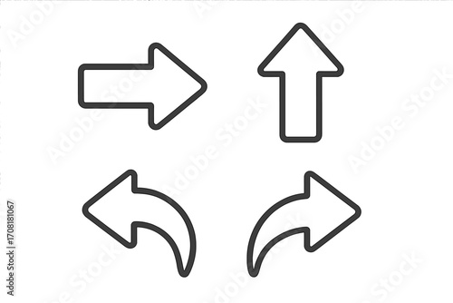 Vector set of outline arrows icon pack, linear style black cartoon illustration, directional symbol collection, curved and straight arrows, navigation pointer, graphic resources for web and app design