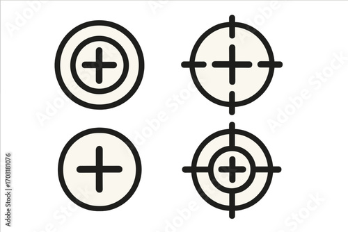 Information icon set vector pixel style, plus symbol in circle and crosshair, cartoon illustration, minimal UI design, abstract interface elements, target sign, transparent background graphic art