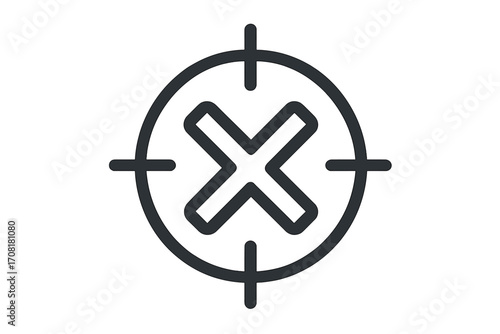 Linear target crosshair icon with bold X symbol, vector cartoon illustration, precise aim failure, cancel mark, rejection, mistake, error, minimalist navigation alert graphic, transparent background