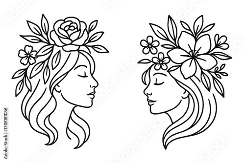 Romantic couple kiss line art with elegant floral hair elements, vector cartoon wall poster print, minimalist black outline illustration, botanical flower arrangement, modern decorative artwork