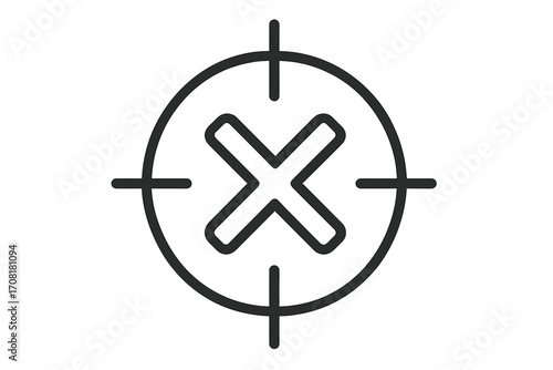 Targeted decision rejection, cancel meeting, denial symbol in linear style, vector X in crosshair, stop action, absence, error notification, no attendance, business control, minimalist outline concept