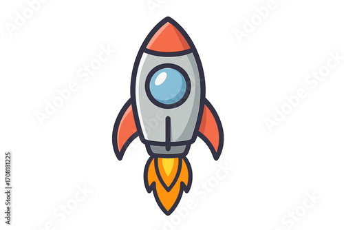Cartoon rocket icon vector illustration showcasing orange spaceship launch symbol with flame propulsion, isolated design for startup, technology, space travel, and innovation concepts
