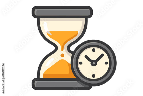 Sand timer and analog clock vector illustration. Time management, countdown, deadline, urgency, waiting period, scheduling, punctuality, business productivity, hourglass and clock concept art.