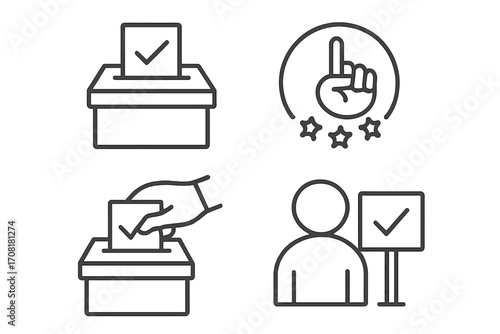 Video call voting concept vector icon set. Hand casting ballot in box, person check mark, rating stars, online voting, digital election participation, election process, lineart illustration, isolated
