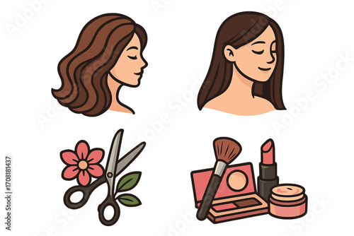 Beauty salon hair styling and makeup vector illustration set. Haircut, scissors, flower, cosmetics, makeup tools. Hairdresser, hairstyle, beauty care, female grooming, professional salon equipment