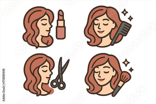 Beauty salon hair styling and cosmetics vector cartoon illustration set. Female face, lipstick, hair scissors, comb, makeup brush, hairdressing, makeup, beauty icons, transparent background design
