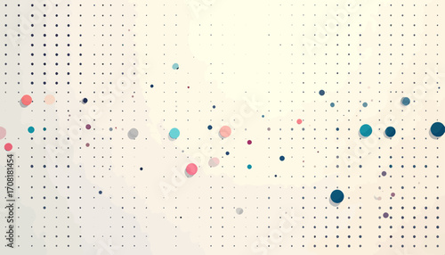 Abstract graphic design illustration featuring interconnected dots and shapes in a digital environment from a frontal viewpoint