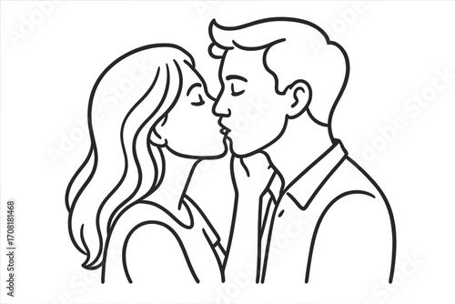 Romantic couple line art illustration, affectionate woman kissing man, continuous single line drawing, minimalist love concept, modern wall art, monochrome outline, intimate relationship vector