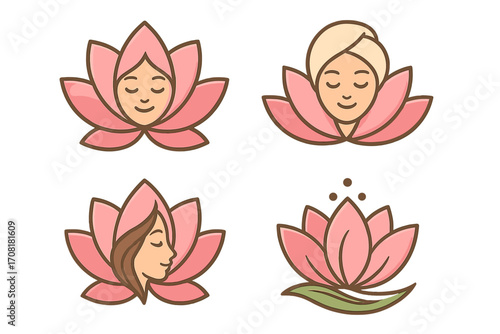 Abstract lotus flower beauty salon logo set. Meditative woman face, peaceful female profile, floral spa emblem, yoga wellness concept. Natural skincare, hair care, herbal therapy vector illustration