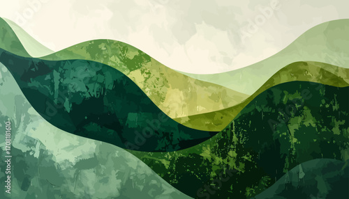 An abstract watercolor painting depicts rolling green hills with purple and blue hues.